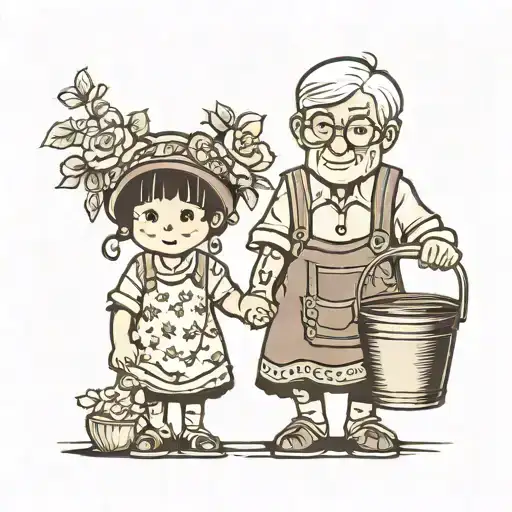 Grandma And Boy Holding Hands With A Bucket