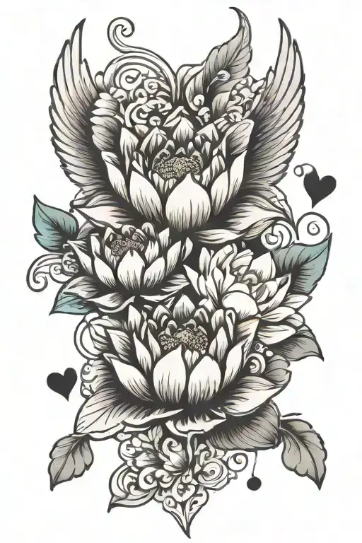 Lotus Flower Blooming Angel Wings And Three Hearts
