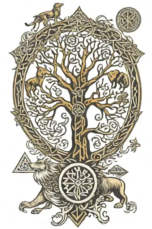 Tree Of Life Fenrir Whit Runes Triskele Valknut