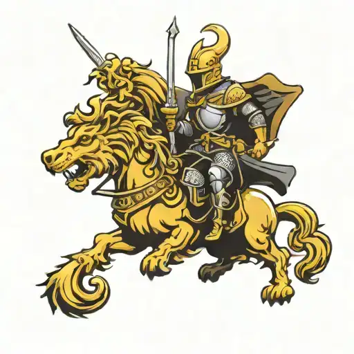 Golden Knight Riding A Griffin Amidst Black Clouds