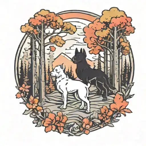 Forest Landscape And Dogs Playing