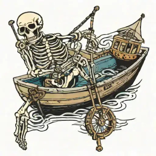 A Skeleton Holding A Fishing Rod On A Boat