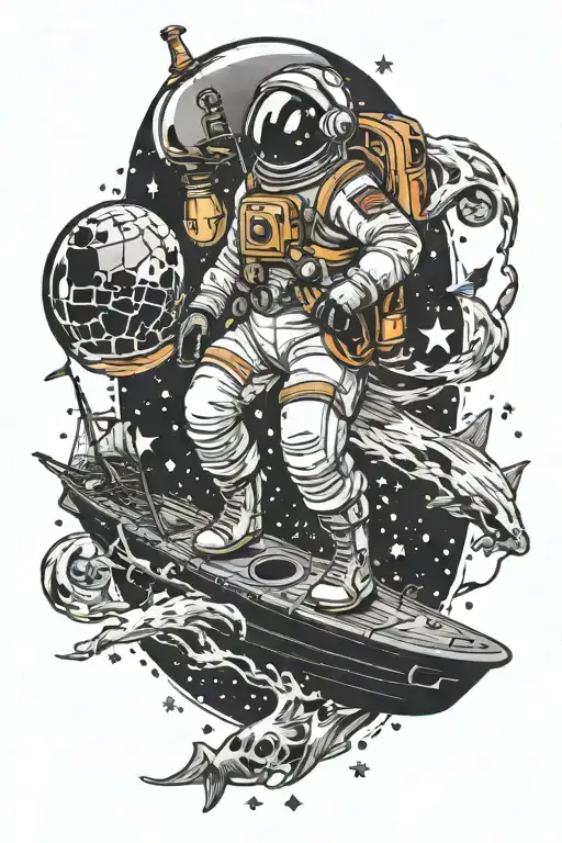 Astronaut Floating And Pirate Ship Sailing