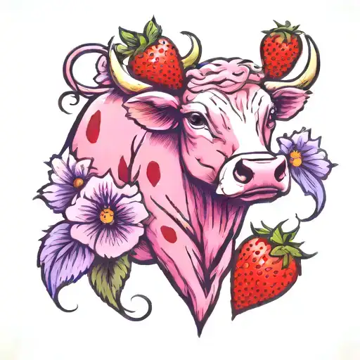 Pink Strawberry Cow With Violet Flower