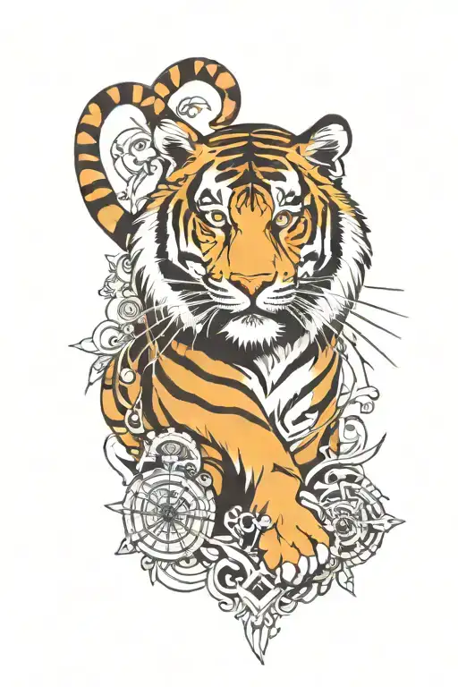 Tiger With Filigree And Compass Design