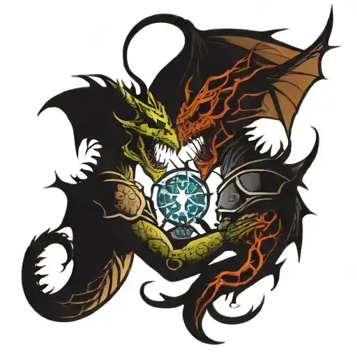 Dragon Roman Soldier Lightening And Skulls Facing Each Other