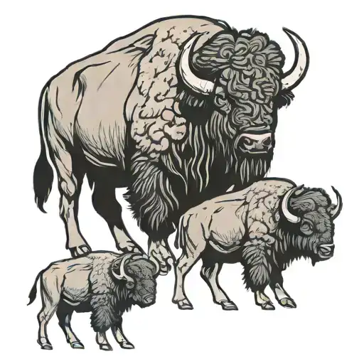Buffalo With 2 Baby Bison