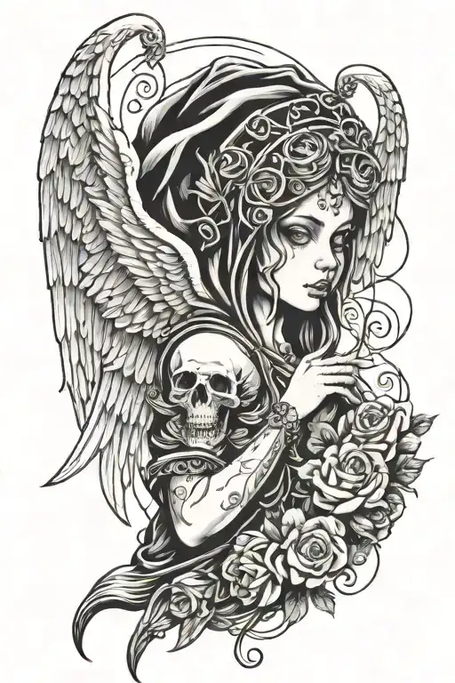 Hooded Angel With Transition To Small Skulls With Added Lines
