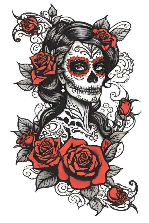 Black And White Day Of The Dead With Red Roses Growing