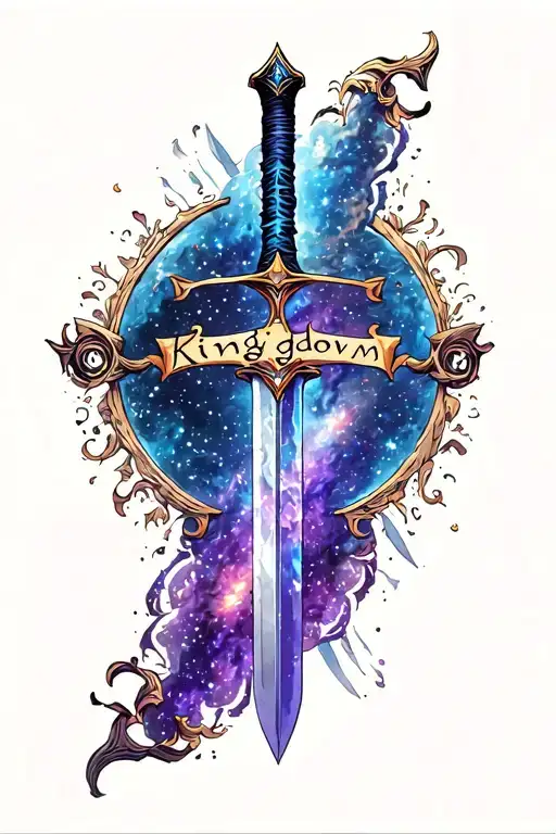 Sword With Galaxy Surrounding It With The Word 'Kingdom' Writen Lengthewise On The Blade