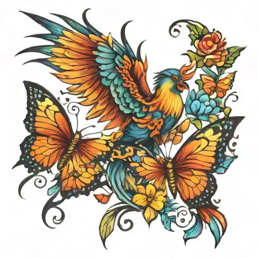 Female Phoenix Bird Emerging From Colorful Butterflies