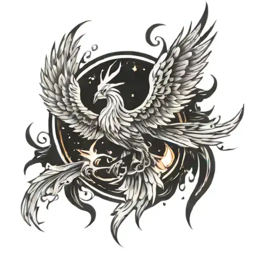 Phoenix Bird Emerging From The Fire With A Galaxy Background