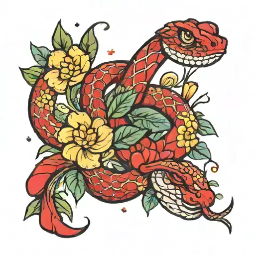 Red Snake Tattoo With Flowers And Sparkles