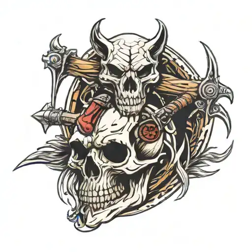 Skull With Wolf Head And Two Axes Crossing Each Other