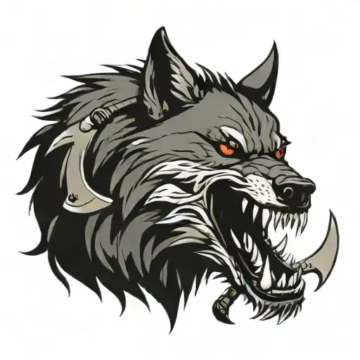 Wolf Head Showing Teeth With Two Battle Axes Crossing