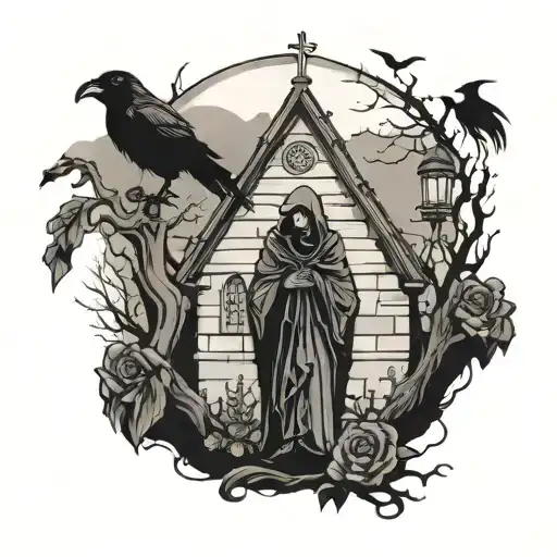 The Death Reaper In A Cemetery With A Church And A Crow