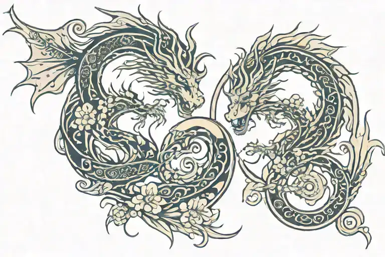 Folk Art Two Dragons Baltic Tribal Flowers Sun And Moon