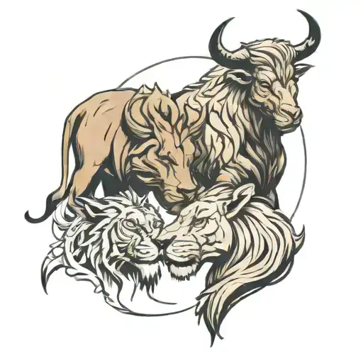 Bull And Lioness Facing Each Other