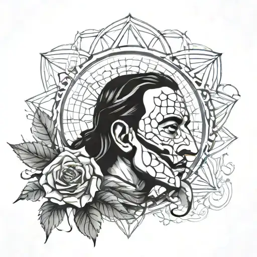 Dali Mask From Money Heist Surrounded By The Flower Of Life Tattoo
