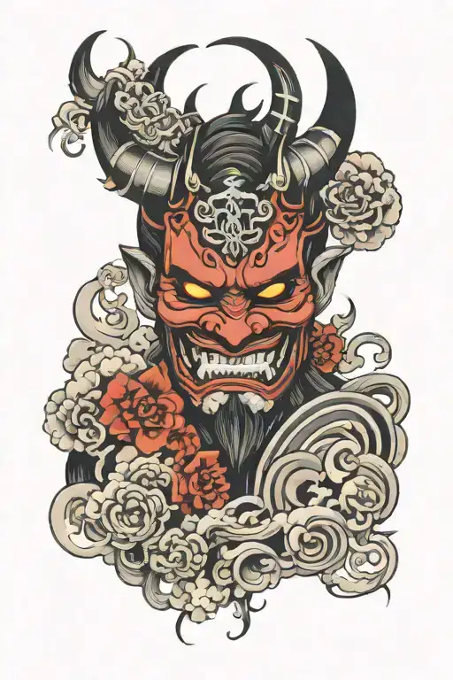 Half Oni Mask With Black Clouds