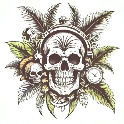 Skull And Watch And Coconut Trees Inside