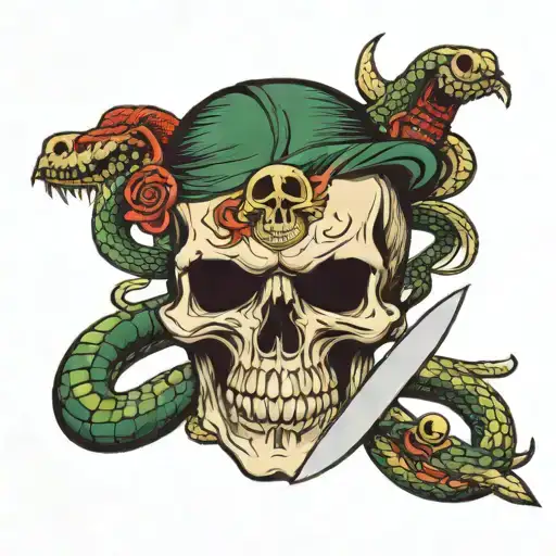 An Old School Skull With A Snake Coming Out Of Its Mouth And A Sword In The Background