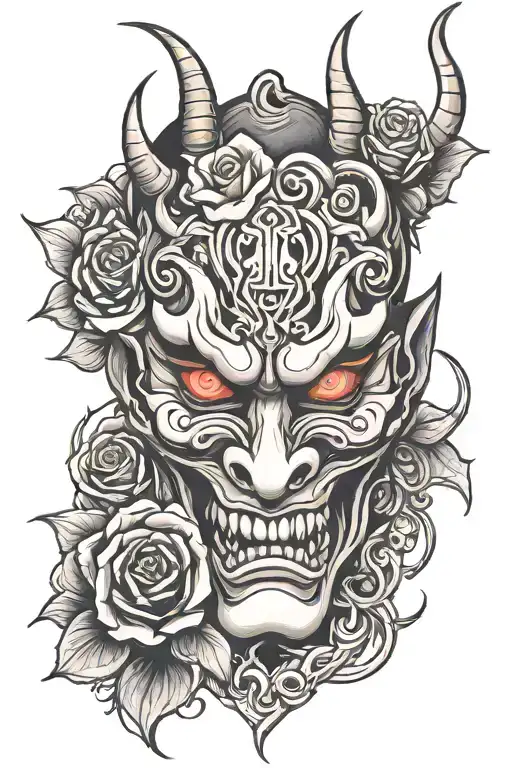 Oni Mask And Rose Intertwined