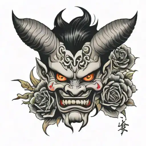 Japanese Oni Mask With Roses And Black Flames