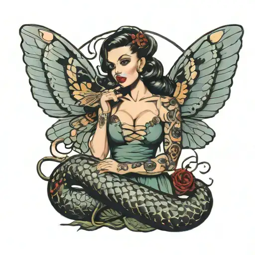 Pin-up Model With Moth Wings Holding A Snake Coiled