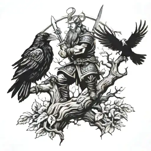 Viking Warrior With Ravens Flying Around A Tree