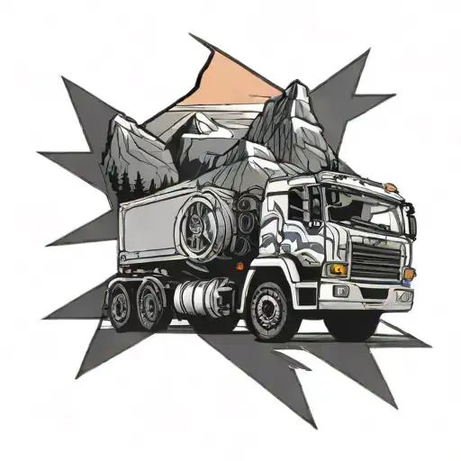 A Lorry Truck Driving With A Mountain Behind It With A Man Hiking It