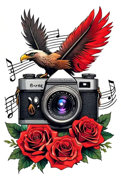 Retro Camera Surrounded By Roses And A Red Eagle Feather With Music Notes