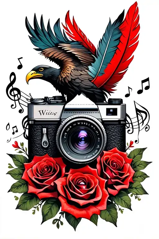 Retro Camera Surrounded By Roses And A Red Eagle Feather With Music Notes