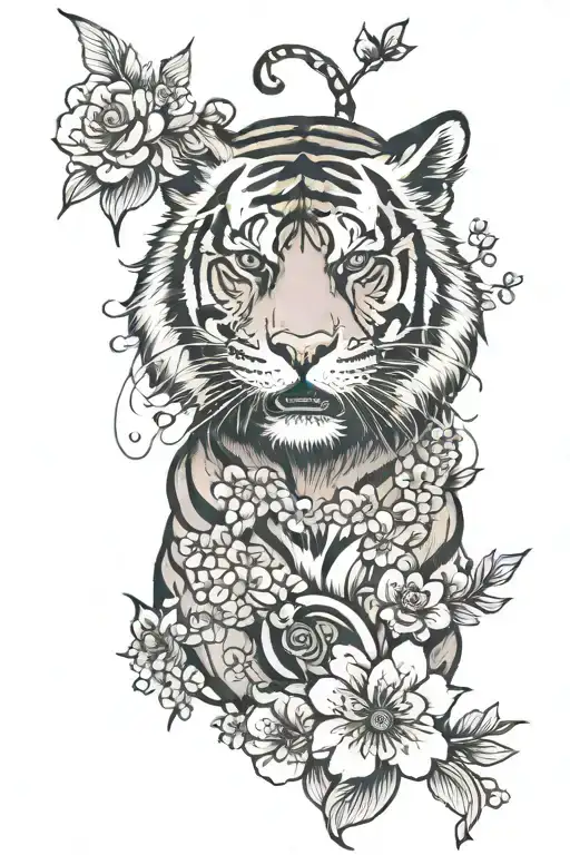 Tiger With Cherry Blossom And Letter C