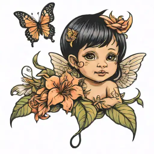 A Colorful Portrait Of A Black Haired Brown Eyed Cherub With Lillies And Roses And Butterflies