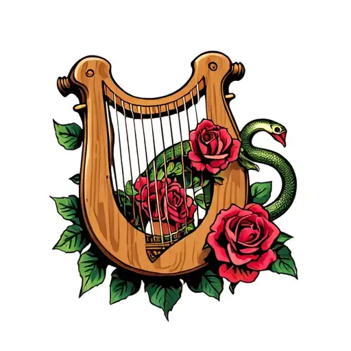 Wooden Lyre With Roses And Snake Wrapped Around