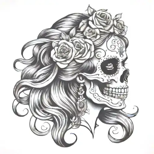 Day Of Deadwomen Skull With Long Wavy Hair