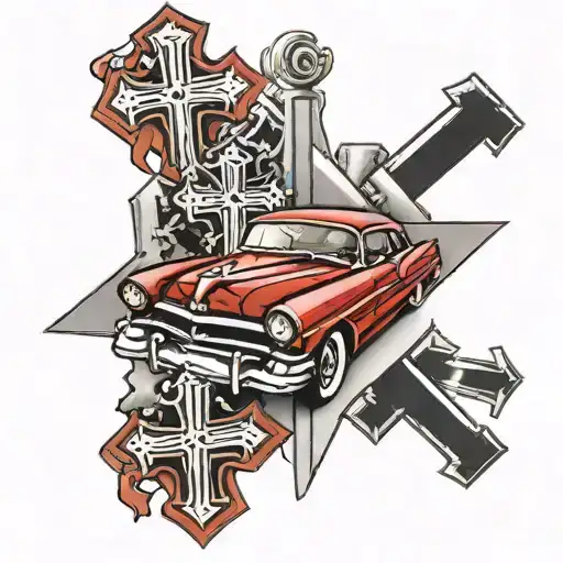 Red Car Diagonal In Front Of Crosses