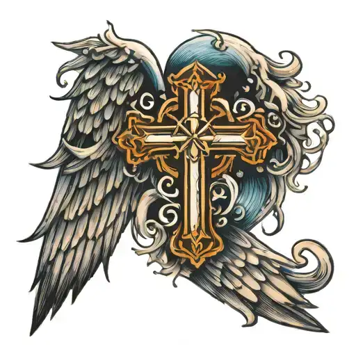 Ocean With Angel Wings And A Christian Cross Above