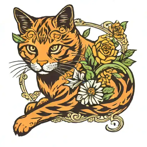 Orange Cat In Vintage Frame With Flowers Intertwined