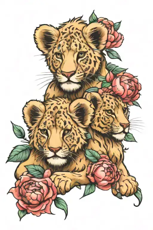2 Lion Cubs With Peonies Flower