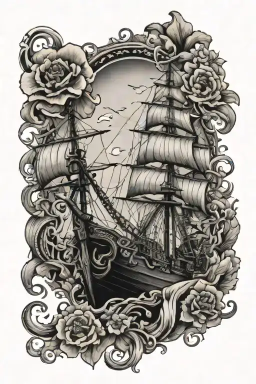 Kraken Attacking A Ship And Poppy Flowers Tattoo