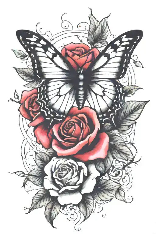 One Butterfly With Rose And A Few Leaves Intertwined
