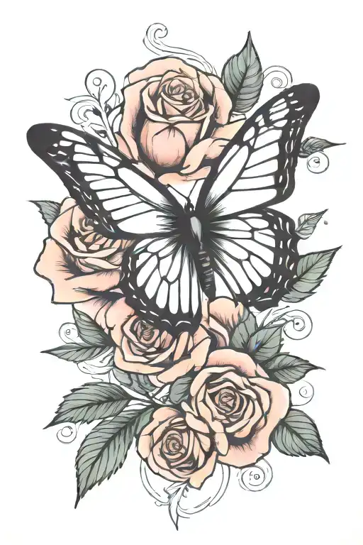 One Small Butterfly With Rose And A Few Leaves Intertwined Minimalistic