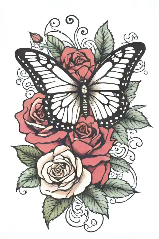 One Small Butterfly With Rose And A Few Leaves Growing
