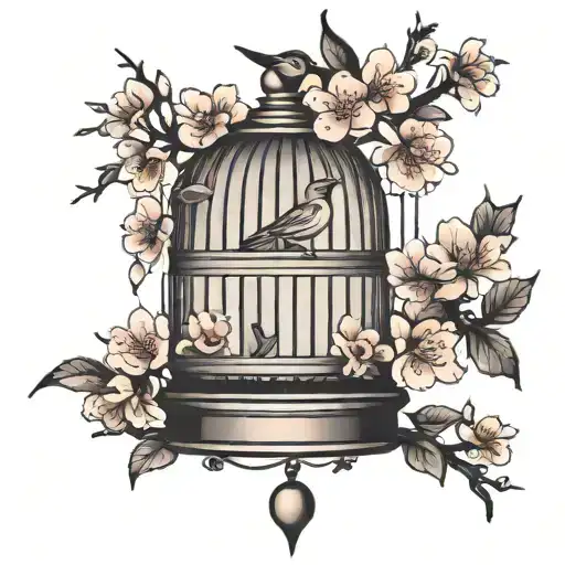 Cherry Blossom And Bird Cage