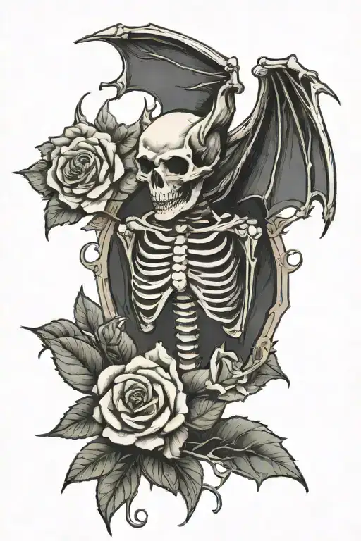 Bat Skeleton With A Rose Growing