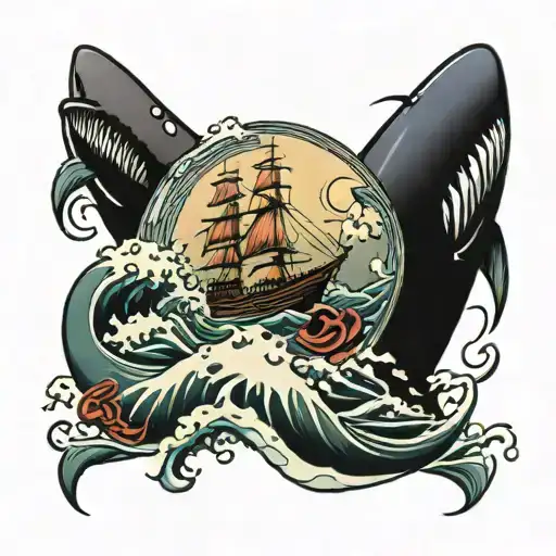 Sea Waves With Ship And Shark Swimming