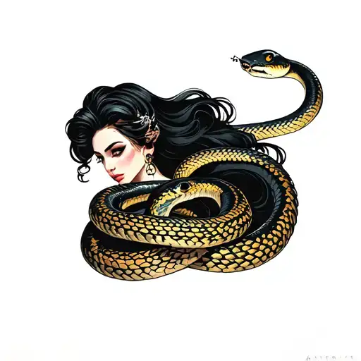 Black Haired Woman With A Snake Coiled