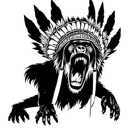 Screaming Scary Baboon With Big Teeth Wearing A Native Headdress